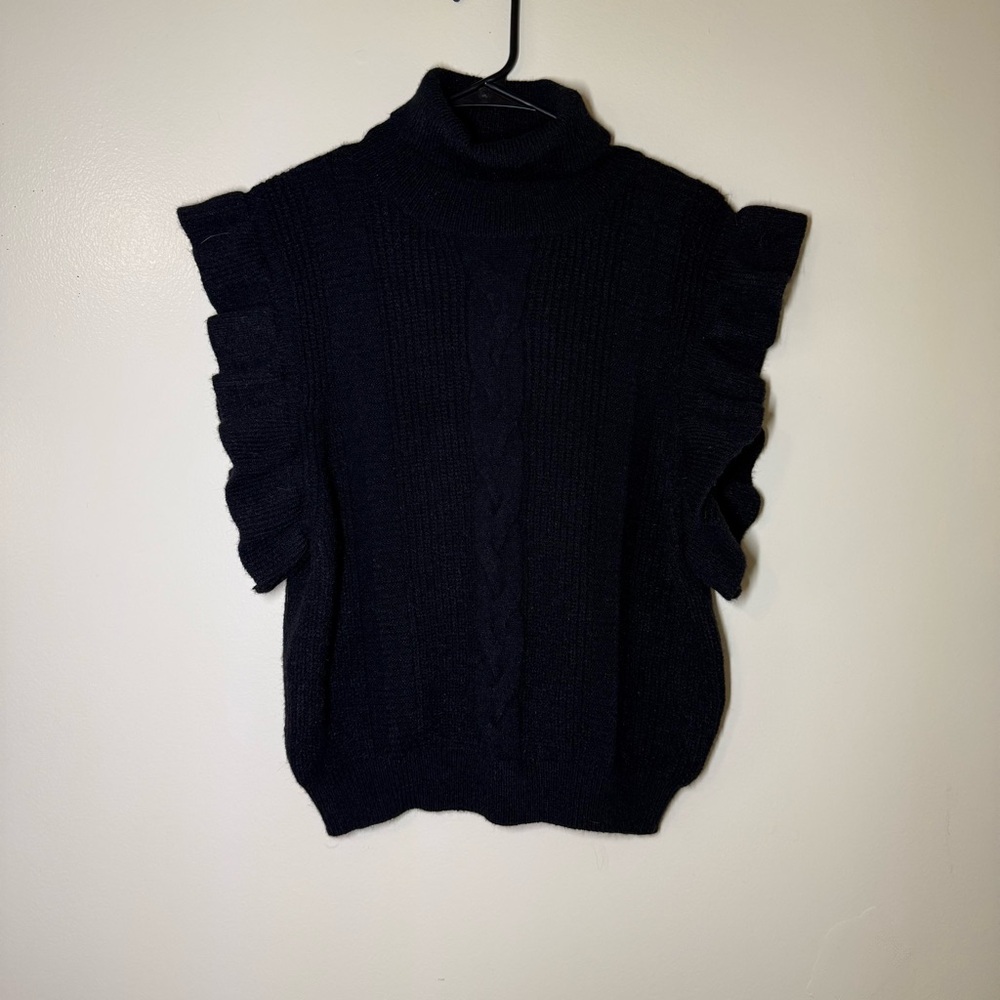 Mint Black Turtleneck Sweater with Short Ruffle Sleeves